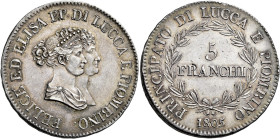 Lucca. Elisa Bonaparte e Felice Baciocchi principi, 1805-1814 

Da 5 franchi 1805, AR 24,98 g. Busti piccoli e fiocco con nastro pendente al rovesci...
