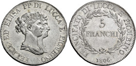 Lucca. Elisa Bonaparte e Felice Baciocchi principi, 1805-1814 

Da 5 franchi 1806, AR 24,86 g. Busti medi. Pagani 252. MIR 244/2. q.Spl