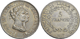 Lucca. Elisa Bonaparte e Felice Baciocchi principi, 1805-1814 

Da 5 franchi 1807, AR 24,96 g. Busti medi. Pagani 253. MIR 244/3. Rara. Graffietti a...