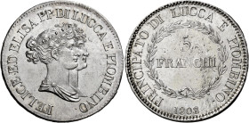 Lucca. Elisa Bonaparte e Felice Baciocchi principi, 1805-1814 

Da 5 franchi 1808, AR. 24,90 g. Busti medi. Pagani 254. MIR 244/4. Migliore di Spl