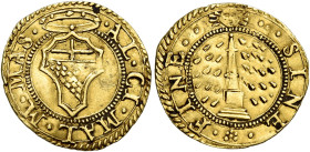 Massa di Lunigiana. Alberico I Cybo Malaspina, 1559-1623. II periodo: principe, 1568-1623 

Mezzo scudo, AV 1,65 g. AL CI MAL M MAS Stemma coronato....