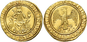 Messina. Ferdinando il Cattolico, 1479-1516. Emissioni anteriori alla conquista di Napoli, 1490-1503 circa 

Trionfo, AV 3,47 g. FERDINANDVS D G R C...