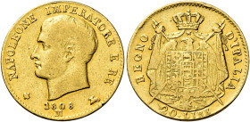 Milano. Napoleone I re d’Italia, 1805-1814 

Da 20 lire 1808, AV 6,30 g. Bordo sottile. Pagani 18 var. MIR 489/1 var. Rarissima. MB