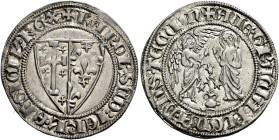 Napoli. Carlo II d’Angiò, 1285-1309 

Saluto, AR 3,31 g. + KAROL’ SCD DEI GRA IERL’ ET SICIL REX Stemma bipartito di Gerusalemme e Angiò, circondato...