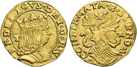Napoli. Federico III d’Aragona, 1496-1501 

Ducato, AV 3,45 g. FEDERICVS DEI G R SI Busto coronato e corazzato a d.; dietro, T. Rv. CONFIRMATA E SVP...