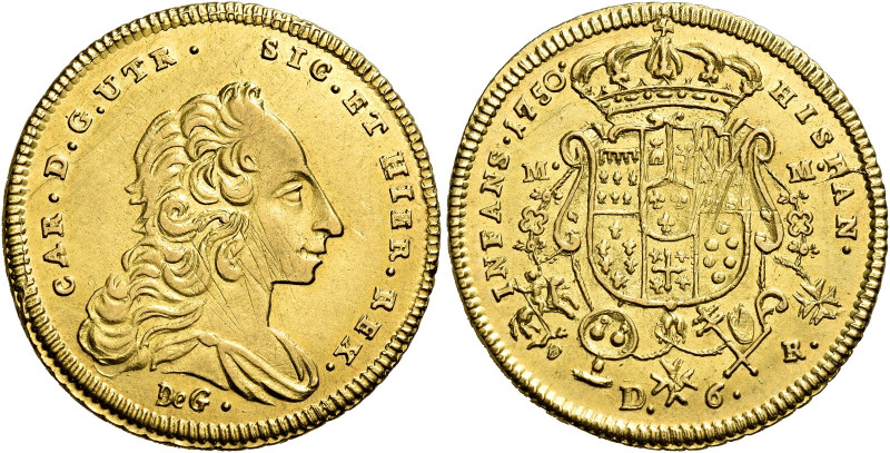 Napoli. Carlo di Borbone, 1734-1759 

Da 6 ducati 1750, AV 8,81 g. CAR D G UTR...