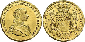 Napoli. Ferdinando IV di Borbone, 1759-1816. I periodo: 1759-1799 

Da 6 ducati 1760, AV 8,82 g. FERDINAND IV D G SICILIAR ET HIER REX Busto a d. Rv...