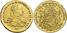 Napoli. Ferdinando IV di Borbone, 1759-1816. I periodo: 1759-1799 

Da 6 ducati 1766, AV 8,81 g. FERDINAND•IV•D•G•SICILIAR•ET HIER•REX Busto a d.; s...
