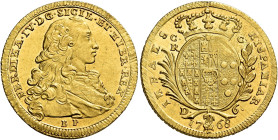 Napoli. Ferdinando IV di Borbone, 1759-1816. I periodo: 1759-1799 

Da 6 ducati 1768, AV 8,81 g. FERDINAN IV D G SICIL ET HIER REX Busto a d.; sotto...
