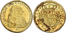 Napoli. Ferdinando IV di Borbone, 1759-1816. I periodo: 1759-1799 

Da 6 ducati 1768, AV 8,81 g. FERDINAN IV D G SICIL ET HIER REX Busto a d; sotto,...