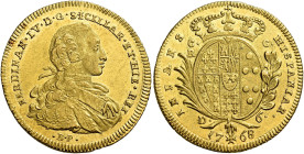 Napoli. Ferdinando IV di Borbone, 1759-1816. I periodo: 1759-1799 

Da 6 ducati 1768, AV 8,84 g. FERDINAN IV D G SICIL ET HIER REX Busto a d.; sotto...