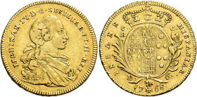 Napoli. Ferdinando IV di Borbone, 1759-1816. I periodo: 1759-1799 

Da 6 ducati 1768, AV 8,82 g. FERDINAN IV D G SICIL ET H REX Busto a d. Rv. HISPA...