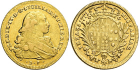 Napoli. Ferdinando IV di Borbone, 1759-1816. I periodo: 1759-1799 

Da 6 ducati 1771, AV 8,81 g. FERDIN IV D G SICILAR ET HIER REX Busto a d.; sotto...