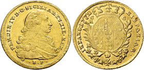 Napoli. Ferdinando IV di Borbone, 1759-1816. I periodo: 1759-1799 

Da 6 ducati 1772, AV 8,79 g. FERDIN IV D G SICILAR ET HIER REX Busto a d.; sotto...