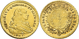 Napoli. Ferdinando IV di Borbone, 1759-1816. I periodo: 1759-1799 

Da 6 ducati 1777, AV 8,84 g. FERDIN IV D G SICILAR ET HIER REX Busto a d.; sotto...