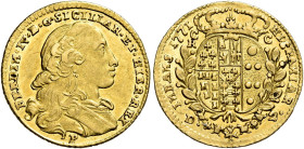 Napoli. Ferdinando IV di Borbone, 1759-1816. I periodo: 1759-1799 

Da 2 ducati 1771, AV 2,91 g. FERDIN IV D G SICILAR ET HIER REX Busto a d.; sotto...