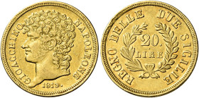 Napoli. Monetazione decimale, 1811-1815 

Da 20 lire 1813, AV 6,36 g. Rami corti. Pagani 56f. Pannuti-Riccio 10. MIR 440. Friedberg 860. Rara. Segni...