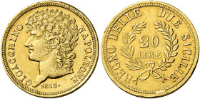 Napoli. Monetazione decimale, 1811-1815 

Da 20 lire 1813, AV 6,41 g. Rami medi. Pagani 56m. Pannuti-Riccio 10. MIR 440. Friedberg 860. Rara. Buon B...