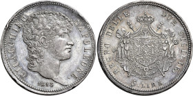 Napoli. Monetazione decimale, 1811-1815 

Da 5 lire 1813, AR 24,88 g. Pagani 58a. Pannuti-Riccio 13. MIR 440/1. Patina iridescente. Colpetti sul bor...