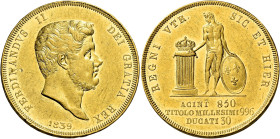 Napoli. Ferdinando II di Borbone, 1830-1859 

Da 30 ducati 1839, AV 37,85 g. Pagani 133. Pannuti-Riccio 4. MIR 485. Friedberg 866. Rara. Lievi colpe...