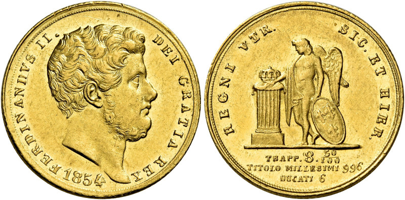 Napoli. Ferdinando II di Borbone, 1830-1859 

Da 6 ducati 1854, AV 7,56 g. Pag...