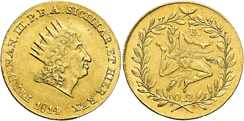 Palermo. Ferdinando III di Borbone, 1816-1825 

Doppia oncia 1814, AV 8,83 g. ...