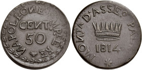 Palmanova. Napoleone I imperatore, 1805-1814 

Da 50 centesimi 1814, Æ 10,70 g. Pagani 281a. Frühwald 687. Raro. q.Spl