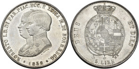 Parma. Roberto I Borbone reggenza della madre Luisa Maria, 1854-1859 

Da 5 Lire 1858, AR 24,98 g. Pagani 20. MIR 1104. Davenport 205. Raro. Fondi l...