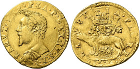 Piacenza. Ranuccio I Farnese, 1592-1622 

Quadrupla, AV 13,03 g. RANVT FAR PLA P DVX IV S R E Busto corazzato a s. Rv. PLACENTIA FLORET La lupa a s....