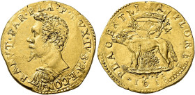 Piacenza. Ranuccio I Farnese, 1592-1622 

Quadrupla 1615, AV 13,13 g. RANVT FAR PLA P DVX IV S R E CON Busto corazzato a s. Rv. PLACENTIA FLORET La ...
