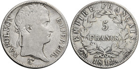 Roma. Annessione di Roma all’Impero francese. Napoleone I imperatore, 1809-1814 

Da 5 franchi 1812, AR 24,75 g. Pagani 94. MIR 3045/1. Rara. q.BB