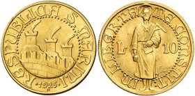 Repubblica di San Marino. Prima monetazione, 1864-1938

Da 10 lire 1925, AV 3,22 g. Pagani 349. Rara. Migliore di Spl