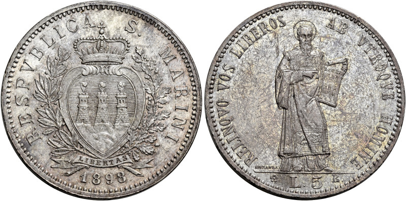 Repubblica di San Marino. Prima monetazione, 1864-1938 

Da 5 lire 1898, AR 25...