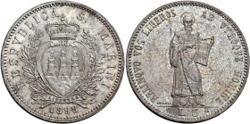 Repubblica di San Marino. Prima monetazione, 1864-1938 

Da 5 lire 1898, AR 25,05 g. Pagani 357. Davenport 302. Segni nei campi al rv., altrimenti m...