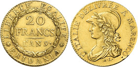 Torino. Repubblica Subalpina, 1800-1801 

Da 20 franchi anno 9 (1800), AV 6,42 g. Variante con A’ MARENCO. Pagani 3a. Friedberg 1172. Rara. q.Spl