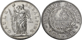 Torino. Repubblica Subalpina, 1800-1801 

Da 5 franchi anno 9 (1801), AR 24,90 g. Pagani 5. Davenport 197. Rara. q.Spl / Spl