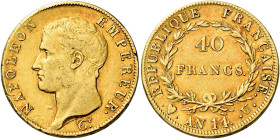 Torino. Napoleone I imperatore, 1804-1814 

Da 40 franchi anno 14, AV 12,84 g. Pagani 11. Friedberg 482. Le Franc 537/3. Rarissima. Patina rossiccia...