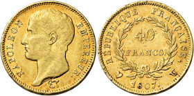 Torino. Napoleone I imperatore, 1804-1814 

Da 40 franchi 1807, AV 12,87 g. Pagani 13. Friedberg 485. Le Franc 539/4. Rarissima. Colpetto sul ciglio...