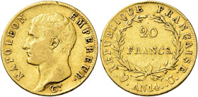 Torino. Napoleone I imperatore, 1804-1814 

Da 20 franchi anno 14, AV 6,39 g. Pagani 16. Friedberg 490. Le Franc 512/8. Della più grande rarità. q.B...