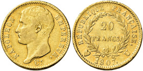 Torino. Napoleone I imperatore, 1804-1814 

Da 20 franchi 1807, AV 6,41 g. Pagani 18. Friedberg 490. Le Franc 514/3. Rarissima. BB