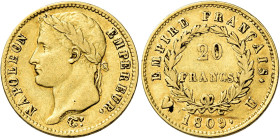 Torino. Napoleone I imperatore, 1804-1814 

Da 20 franchi 1809, AV 6,41 g. Pagani 20. Friedberg 515. Le Franc 516/6. Rarissima. BB