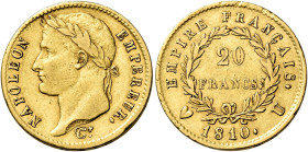 Torino. Napoleone I imperatore, 1804-1814 

Da 20 franchi 1810, AV 6,41 g. Pagani 21. Friedberg 515. Le Franc 516/14. Molto rara. BB