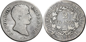 Torino. Napoleone I imperatore, 1804-1814 

Da 2 franchi anno 13, AR 9,65 g. Pagani 35. Le Franc 303/15. Della più grande rarità. MB
