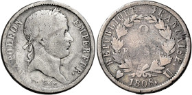 Torino. Napoleone I imperatore, 1804-1814 

Da 2 franchi 1808, AR 9,53 g. Pagani 39. Le Franc 364/13. Rarissima. MB