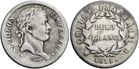 Torino. Napoleone I imperatore, 1804-1814 

Mezzo franco 1811, AR 2,40 g. Pagani 59. Le Franc 178/34. Molto raro. q.BB