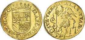 Urbino. Francesco Maria II della Rovere, 1574-1624 

Scudo, AV 3,30 g. FRANC M II VRB DVX VI ET C Stemma coronato. Rv. SVB VMBR – A ALAR TVAR L'Arca...