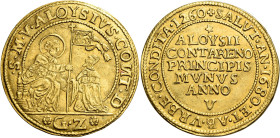 Venezia. Alvise Contarini, 1676-1684 

Osella da 4 zecchini anno V/1680, AV 13,84 g. S M V ALOYSIVS CONT D San Marco, seduto in trono a s., consegna...