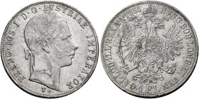 Venezia. Francesco Giuseppe I d’Asburgo-Lorena re del Lombardo Veneto, 1849-1866 

Fiorino 1861, AR 12,27 g. Pagani 228. Frühwald 1863. Molto raro. ...