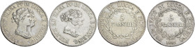 Lucca. Elisa e Felice Baciocchi, 1805-1814. Lotto di due monete. Da 5 lire 1805, 1807. Da q.BB a BB