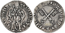 Bonifacio IX (Pietro Tomacelli), 2 novembre 1389 – 1 ottobre 1404. 

Grosso, AR 2,53 g. BONIFATI – PP NONVS Il pontefice, seduto in trono ornato da ...